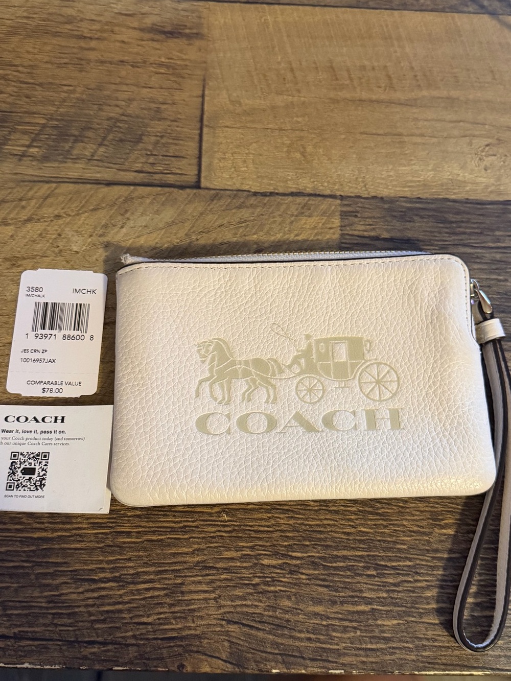 COACH White Leather Jes Corner Zip Wristlet with Signature Logo - Picture 3 of 6